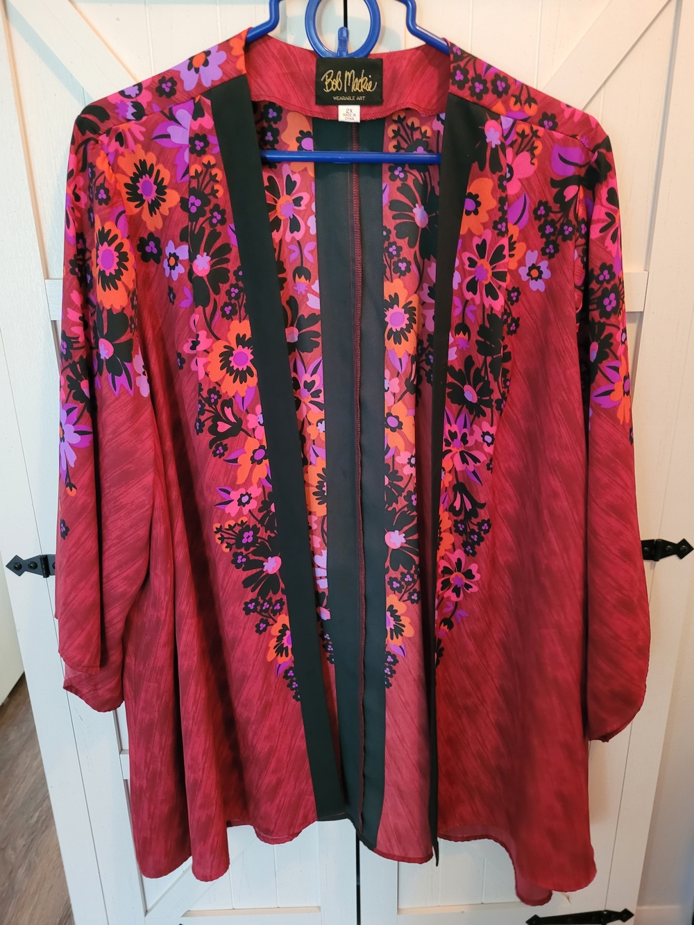 Bob Mackie Red Floral Satin Kimono Jacket with Black Trim and Pink Accents